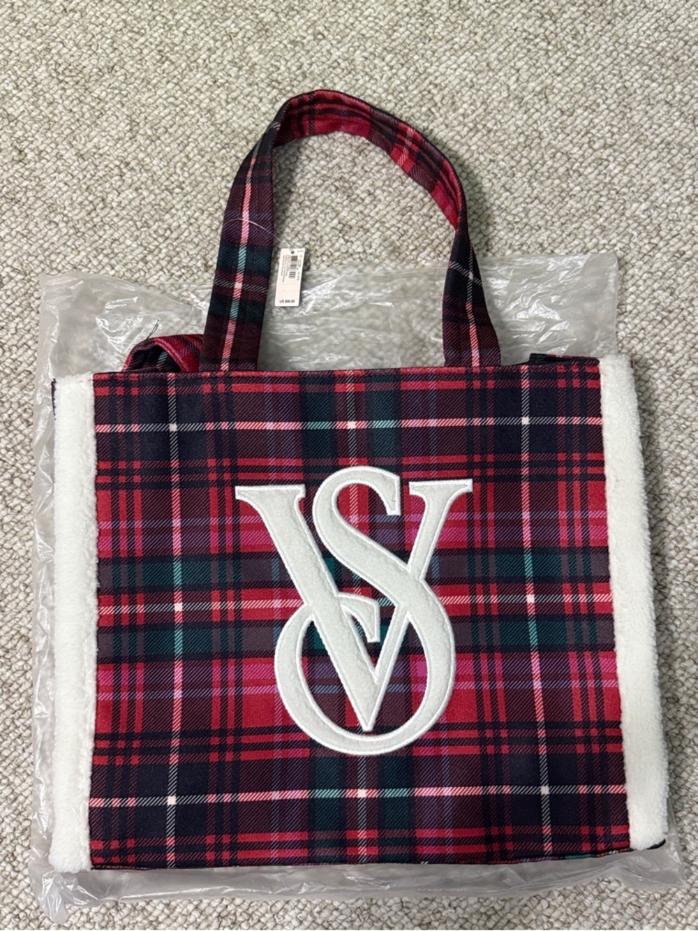 Victoria's Secret Red Plaid Tote with White Sherpa Accent